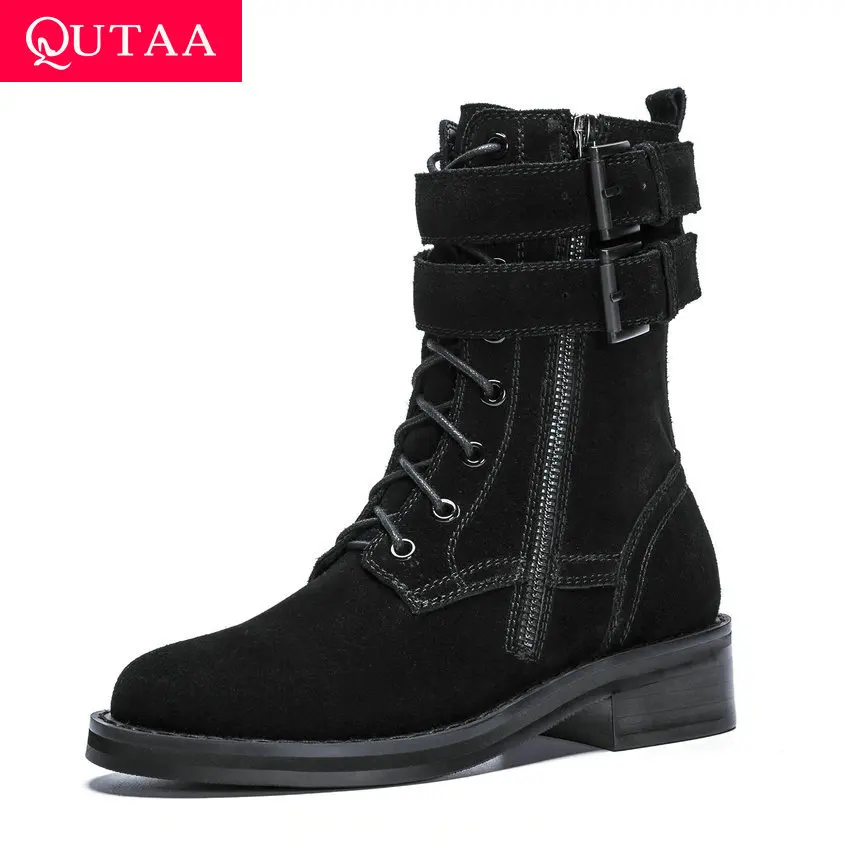 Женские ботинки до середины голени QUTAA модные из коровьей кожи на среднем каблуке