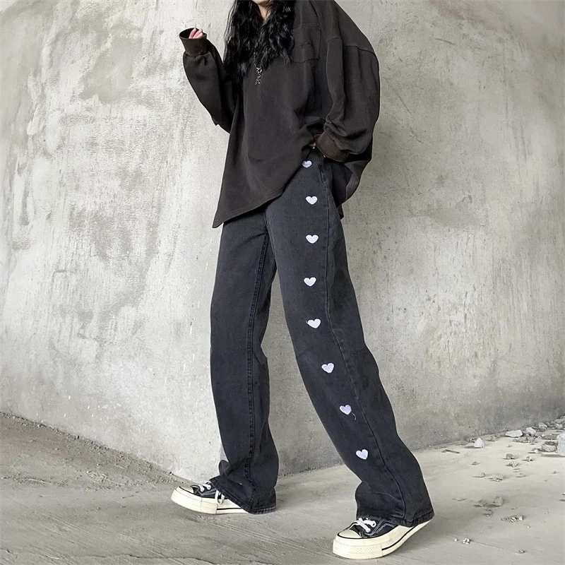 

Women's High Street Jeans Summer Korean Version Ins Love Embroidery Straight Trousers Trendy Loose High Waist Wide Leg Pants