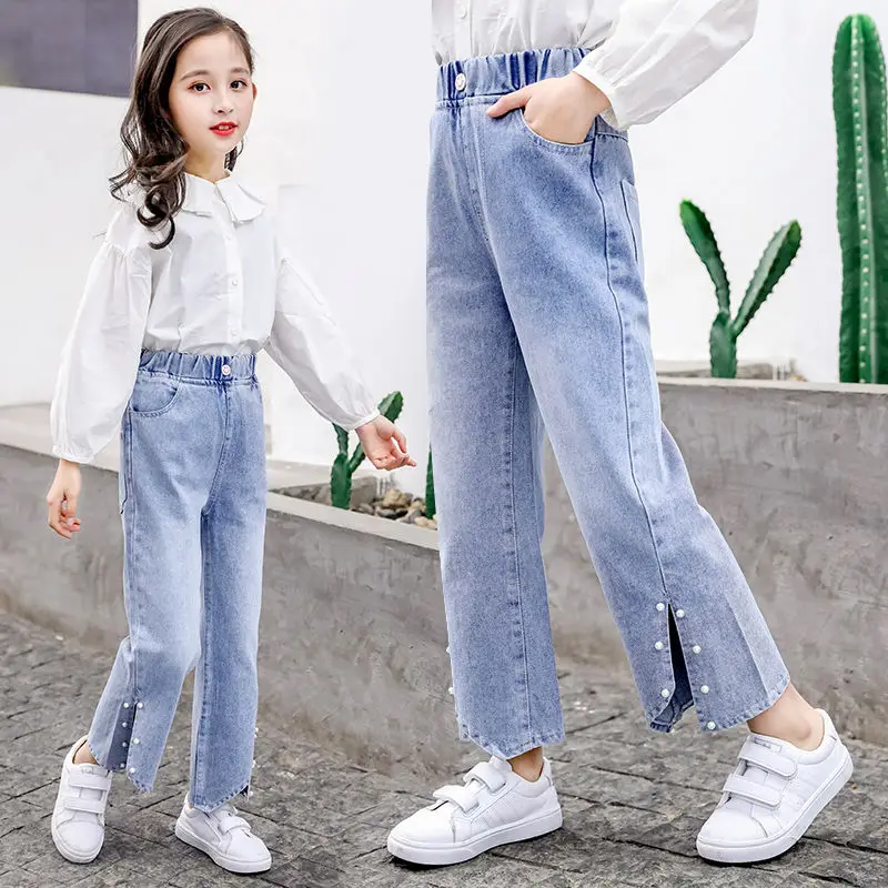 Джинсы демисезонные однотонные для девочек Повседневные детские джинсовые