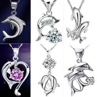 fashion silver crystal rhinestone heart animal dolphin shaped pendant chain womens necklace jewelry for girls lady wedding gif