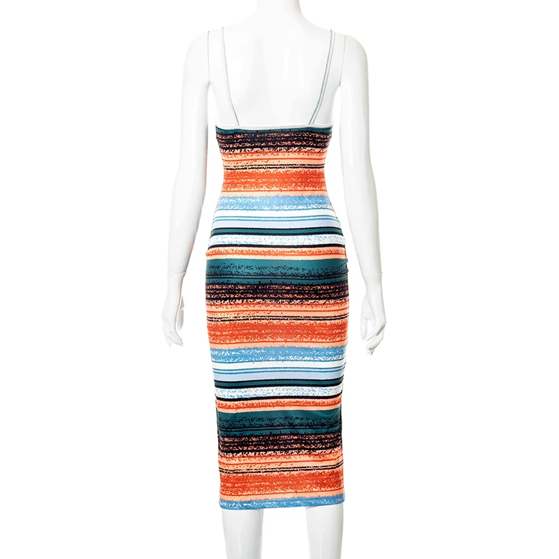 

Bomblook Beach Leisure Vacation Bodycon Dresses For Women's 2021 Summer Clothing Print Striped Slim Midi Dress Female Streetwear