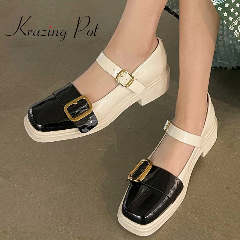 

krazing pot sheep patent leather square toe med heel buckle decoration mixed colors young lady daily wear casual women pumps L18