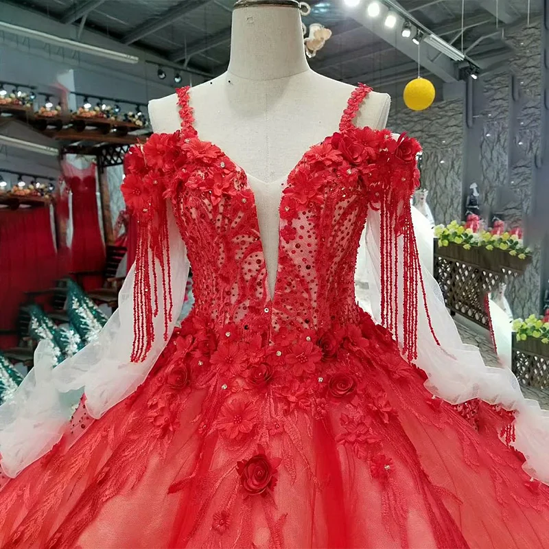 LS451212 best seller ball gown plus size evening dresses spaghetti strap long sleeves brides wedding party dress free shipping | Свадьбы и