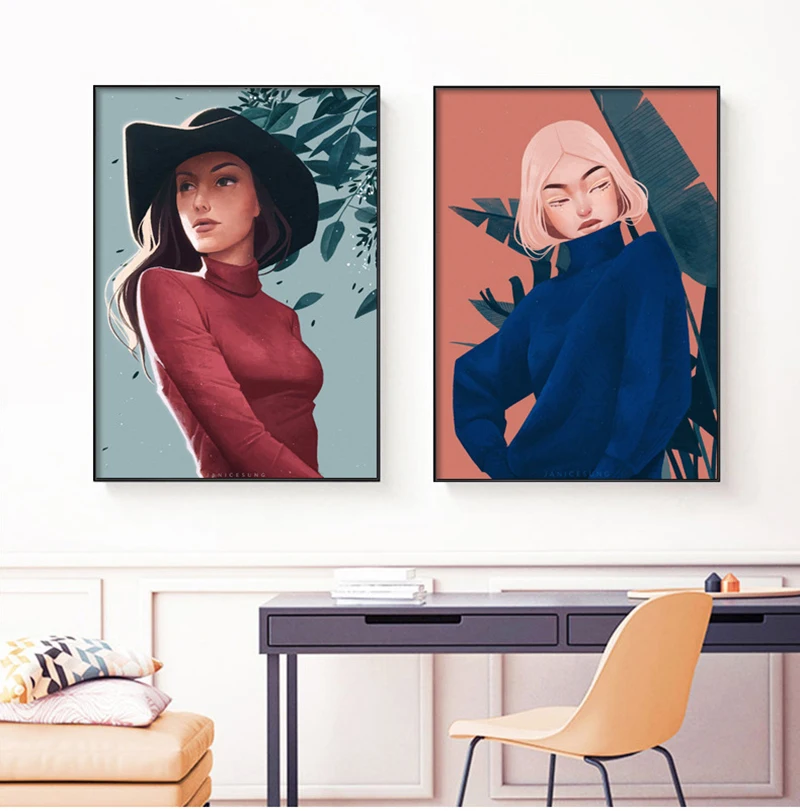 

Nordic Fashion Woman Poster Figure Plant Leaves Wall Art Canvas Painting for Living Room Home Decor Wall Pictures Frameless