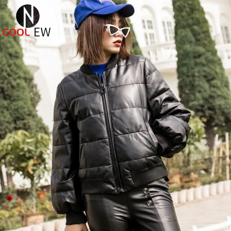 

Genuine Leather Womens Short Down Coats Winter Baseball Uniform Fashion Warm Stand Collar Slim Fit Sheepskin Coats Streetwear