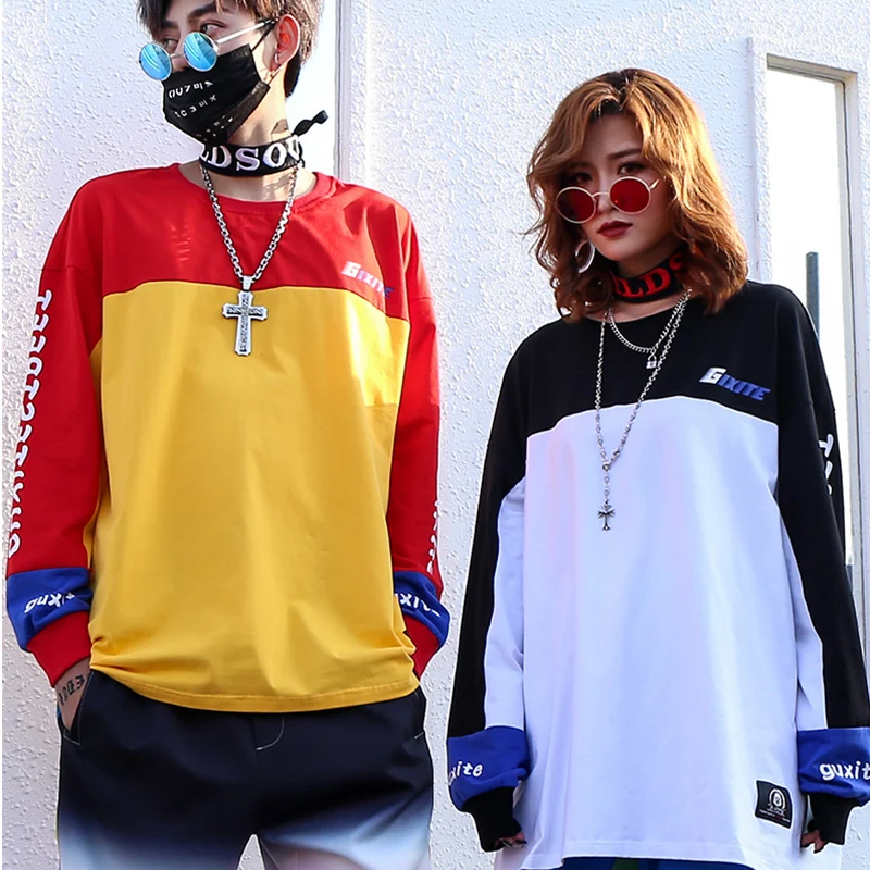 Японские футболки с длинным рукавом для пар в стиле хип-хоп Харадзюку футболка