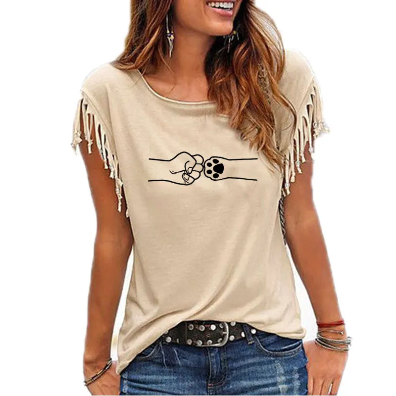 

Women Lady Printing Cat Dog Paw Fashion Animal Funny 90s Print T Tee Womens Tassel Casual Tshirt for Female Shirt Clothes Top