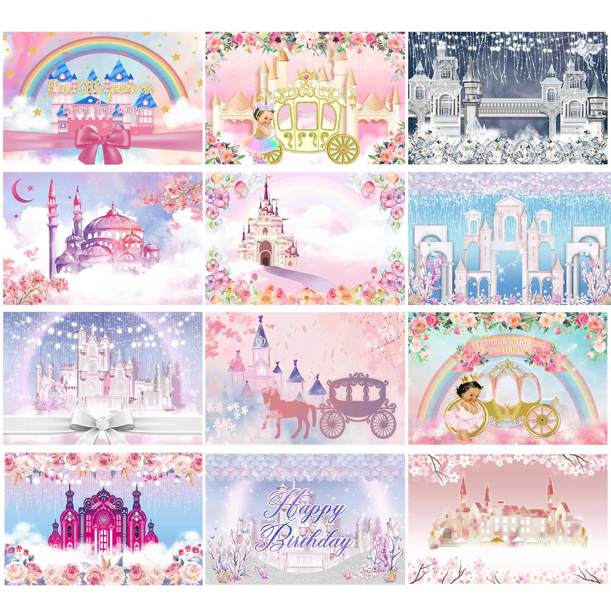 

Seekpro Rainbow Castle Princess Baby Shower Birthday Backdrop Background Girls Flowers Party Carriage Palace Forest Cherry Pink