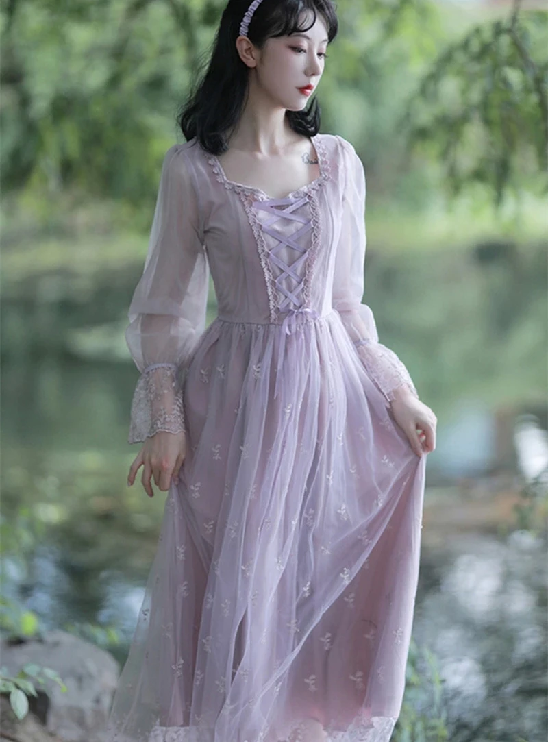 

Light Purple Mesh Lace Fairy Dress Vintage French Embroidery Flare Sleeve Bandage Romantic Princess Dresses Mori Vestidos Faldas