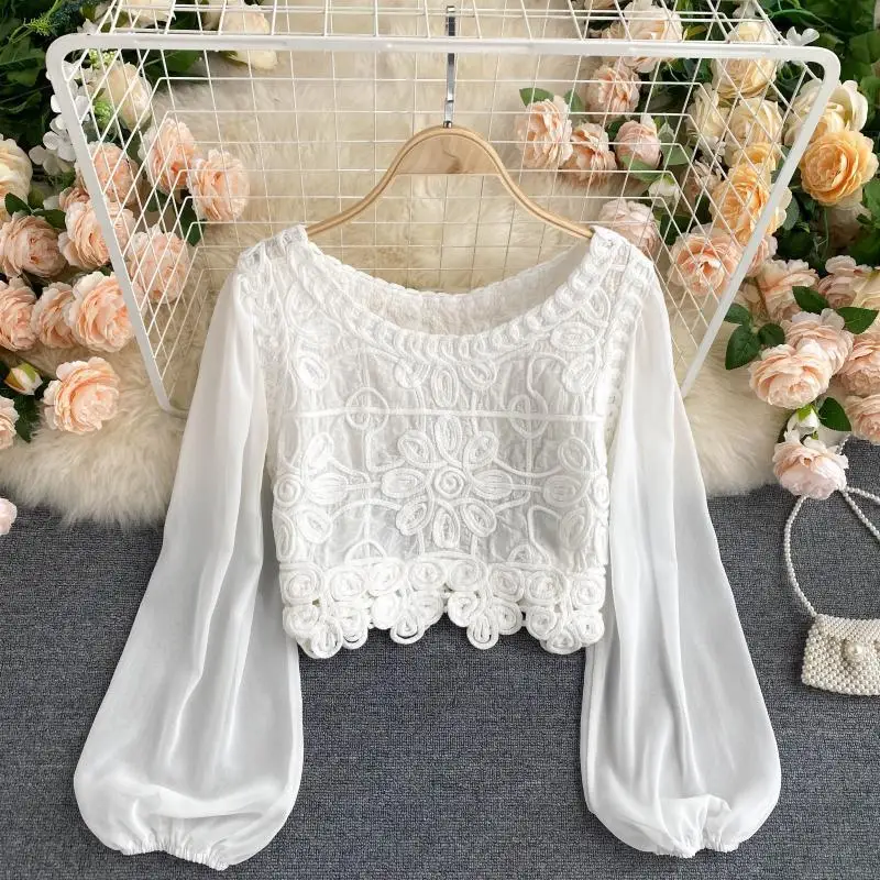 

Women Solid Blouse O-Neck Long Puff Sleeve High Waist Autumn Or Spring Hollow Out Vintage Woman Korean New Fashion Tops