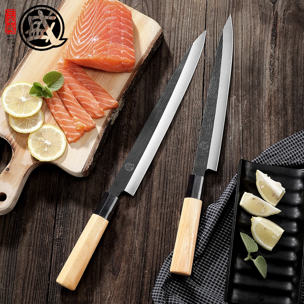 

Японский нож MITSUMOTO SAKARI для сашими, суши, такохики, деревянная ручка, Подарочный кухонный нож для нарезки рыбы в деревянной коробке