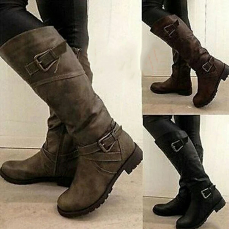 Женские сапоги до колена зимние байкерские пикантные из искусственной кожи на