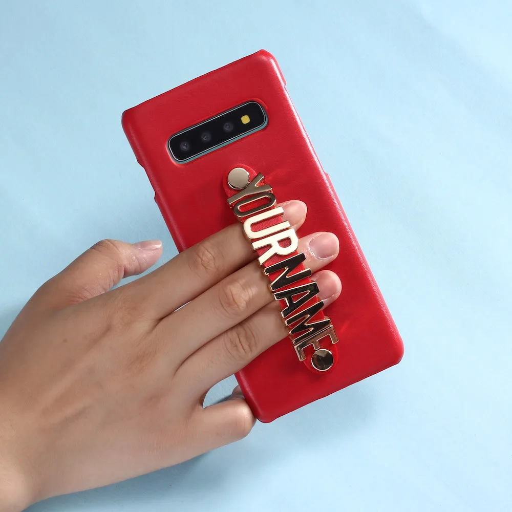 For Samsung Galaxy S8 S9 S10 Plus Note 8 9 A50 Custom Leather Phone Case Holding Strap Gold Metal Name Text Funda Coque | Мобильные