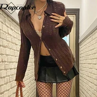 rapcopter brown knitted y2k sweaters button full sleeve outerwear retro grunge fairycore turn down collar jumpers kawaii women