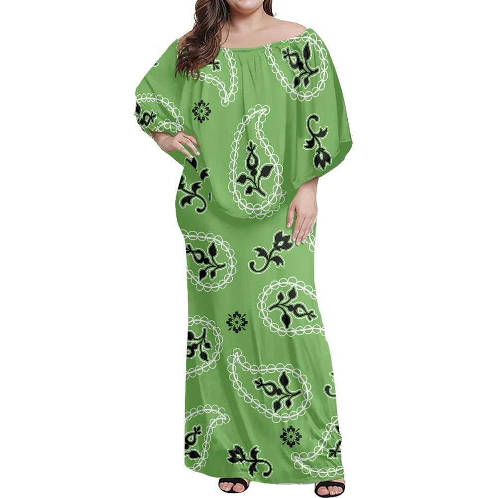 

Зеленое летнее вечернее платье с открытыми плечами и короткими рукавами, Широкое Платье с принтом в виде банданы в Полинезию, повседневное модное стильное платье