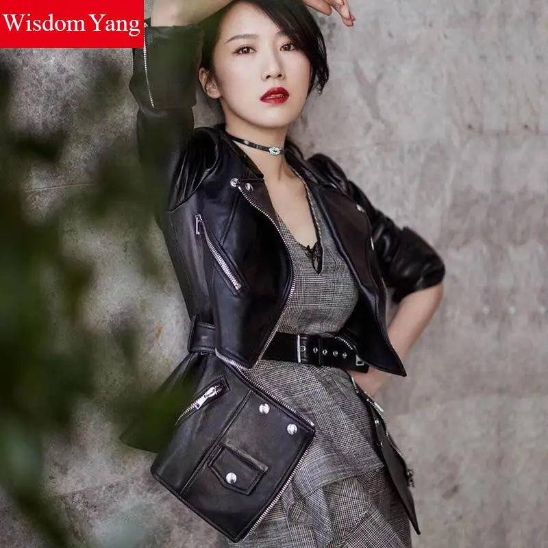 Autumn Black Sheepskin Leather Coat Jackets Genuine Motorcycle Jacket Womens Tops Ladies asymmetrical Coats Overcoat Outerwear