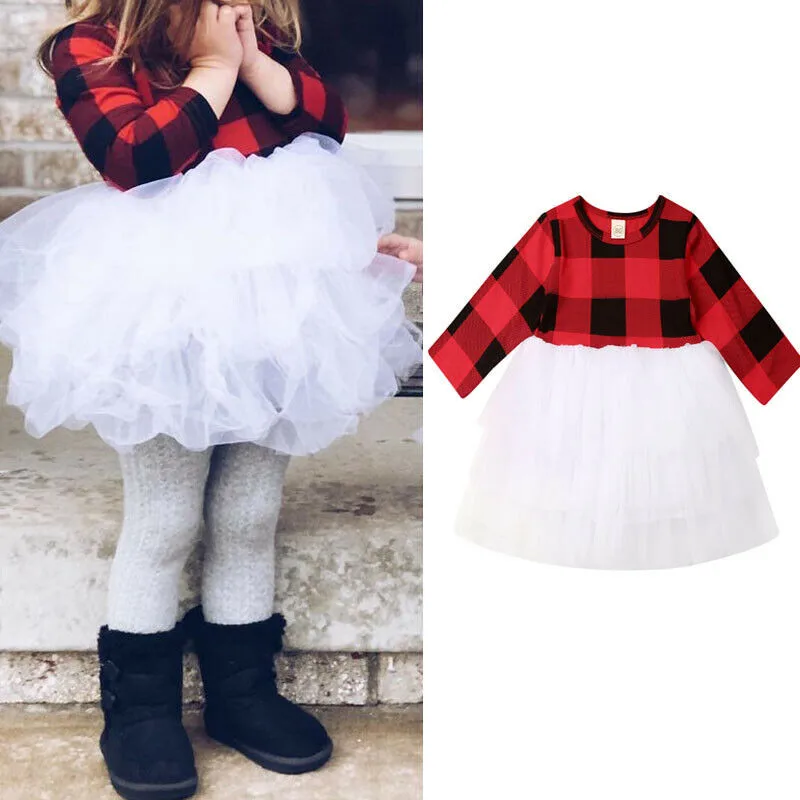 pudcoco Christmas Plaids Tulle Ball Gown Dresses Fashion Long sleeve Princess Wedding Birthday Dress For Baby Kid Girl 1-5 Years | Детская