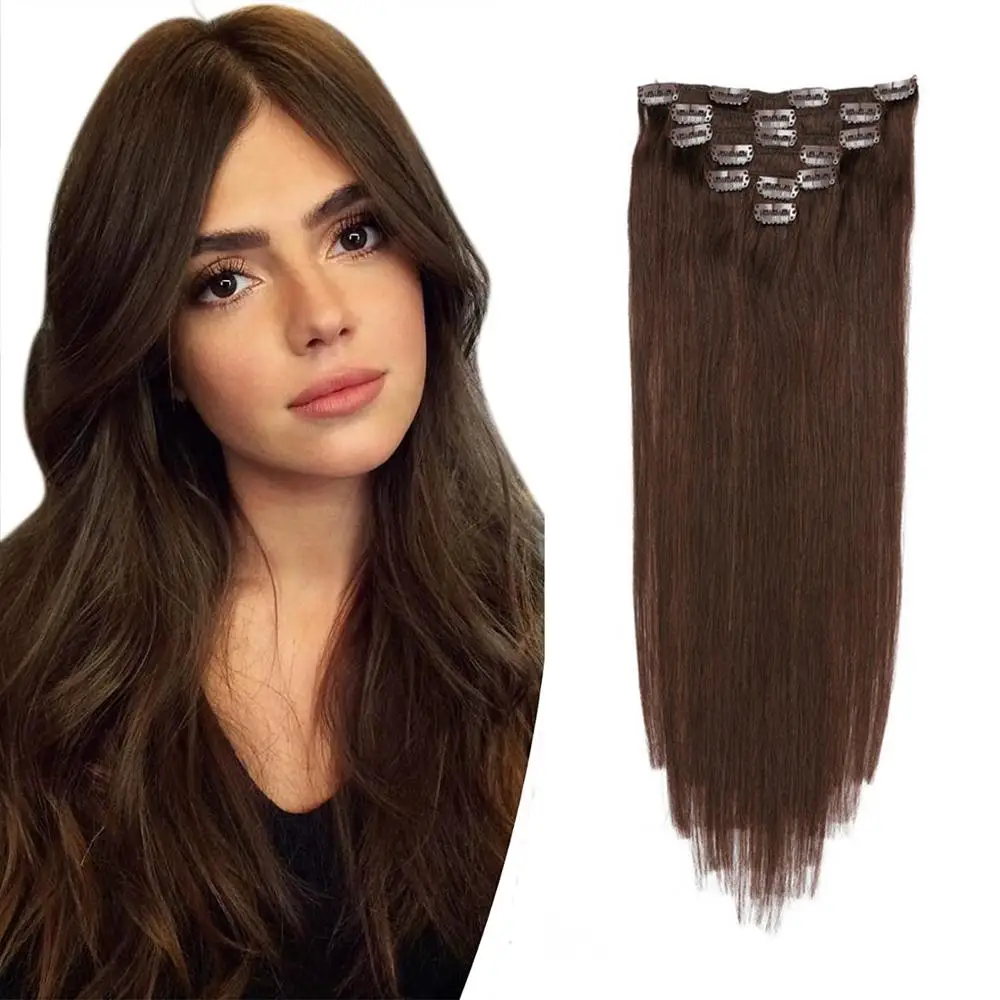 Clip in Hair Extensions Remy Human Hair for Women Silky Straight Real Human Hair Clip in Extensions Dark Brown