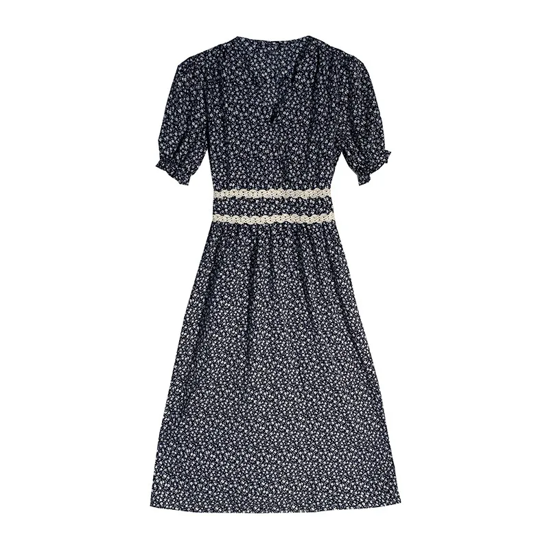 

Uulutonica Summer Women Elegant Fashion A-line Floral Short Printing Mid-calf Puff Sleeve Empire V-neck Dress