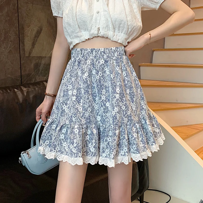 

2021 Summer New Women's Wear, Small Fresh, Korean Version, Lace, Sexy, Stitched High Waist, Versatile Slim Floral Skirt