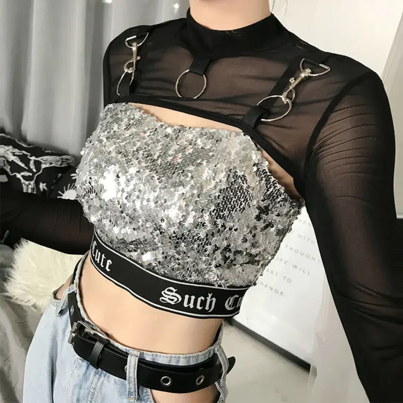

Summer New Sexy Women Lady Mesh Long Sleeve High Neck Black See-through Crop Tops T-Shirt Sexy Party Club Girls Short Top