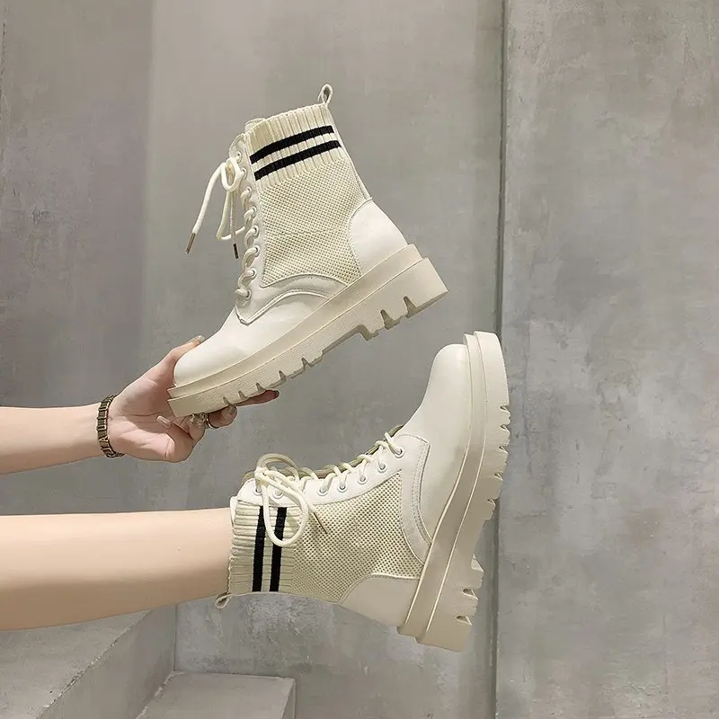 

2020 New Womens Black Boots Autumn Fashion Shoes Lace-Up Round Toe Elastic Band Boots Footwear Female Bootie Female Shoes