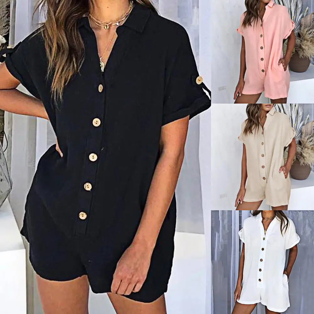 

Women Playsuits Single Breasted Short Sleeve Overall Turn-down Collar V Neck Loose Romper Jumpsuit for Dating Female Jumpsuits