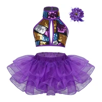 kids girls dance costume outfit shiny sequins crop top with tutu skirt and hair clip set for ballet jazz dance stage performance