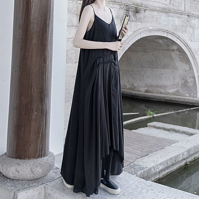 

NINI WONDERLAND Women Pleated Dye Tie Cotton Maxi Long Dress Black Summer 2021 White Spaghetti Strap Irregular Robe Dress Beach