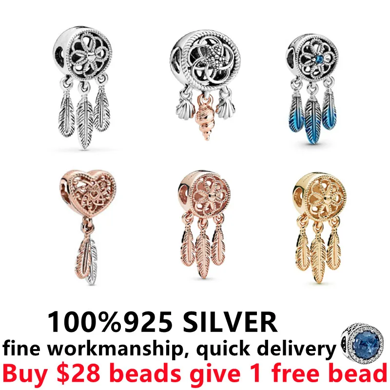 

Free Delivery 925 Sterling Silver charms Rose Gold Blue Love feather dream catcher Diy Bead Suitable for Pandor bracelets