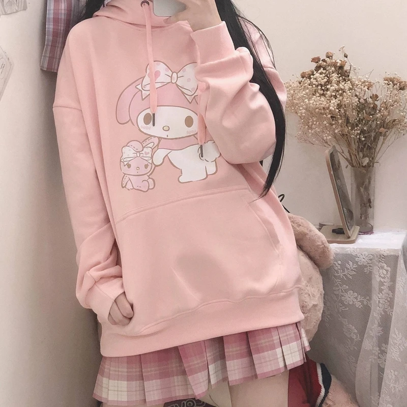 

Japanese Kawaii Hoodie Sweatshirt Women Oversized Harajuku Y2K Cartoon Print Lolita Streetwear White Pink Pullover Tops Autumn
