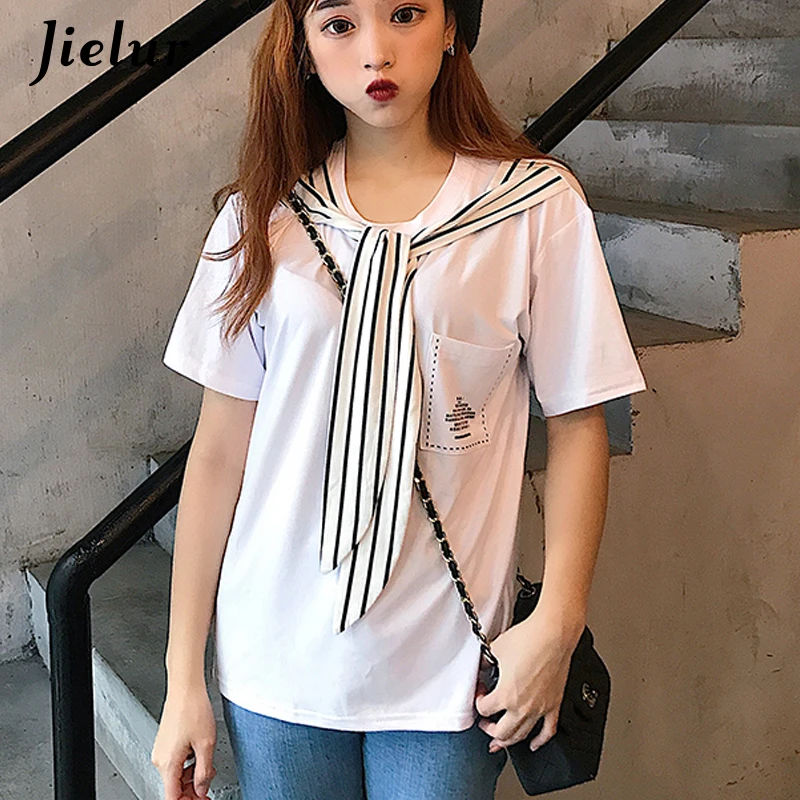 Jielur T-shirts for Women College Student Young Chic Pocket Striped Sailor Collar Top Summer White Letter Kawaii Tee Shirt Femme | Женская