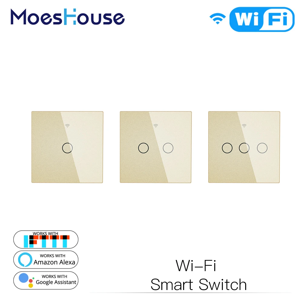 

Gold WiFi Smart Wall Light Switch Glass Panel Touch Smart Life Tuya Wireless Remote Control Work with Alexa Google Home