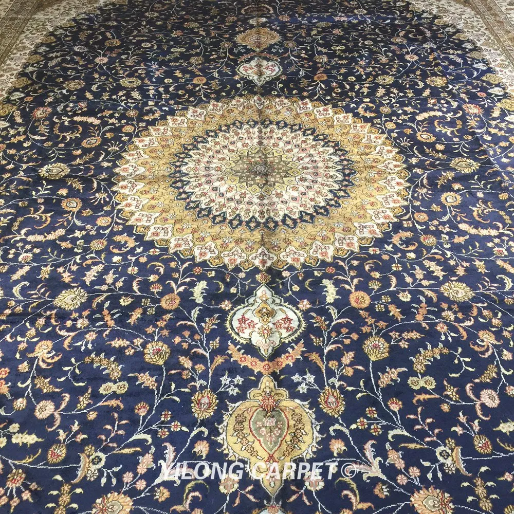 Yilong 12 'x 18' большой персидский ковер для виллы ручной работы Шелковый медальон