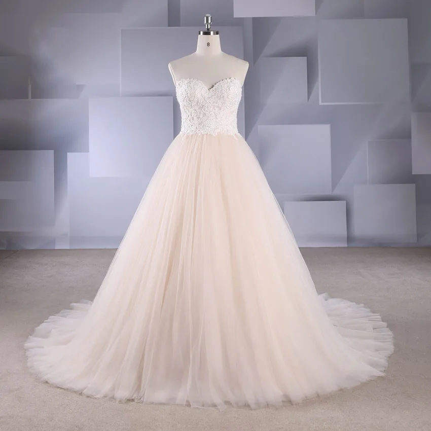 

Custom Made Luxury A Line Wedding Dresses Netting Satin Appliuqe Pearl Beading Floor Length Bridal Gown Court Train Zipper