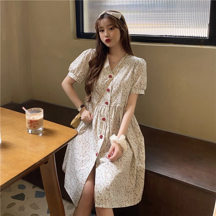 Корейское летнее однотонное платье с цветочным принтом и короткими рукавами |