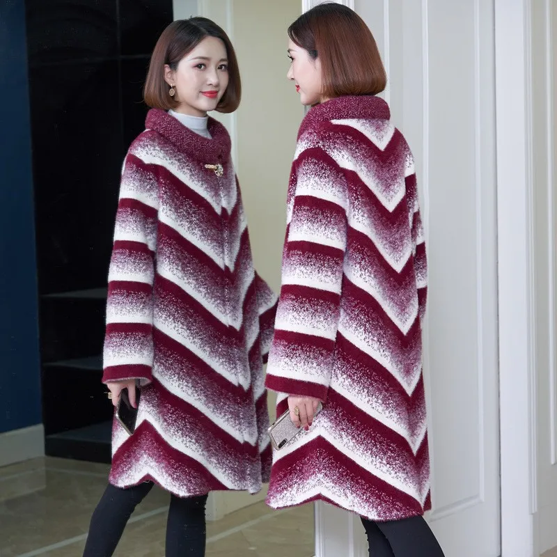 

Elegant Mixed Colors Faux Mink Fur Womens Medium Length Coats Korean Long Sleeve Stand Collar Diamonds Female Oversize Coats