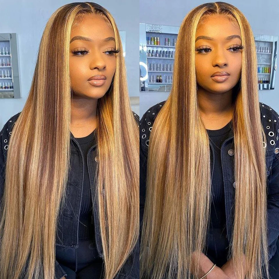 Highlight Wig Human Hair 13X4 Transparent Lace Straight Lace Front Wig Pre Pluck 4X4 Closure Long Wig 34 Inch Remy Thick