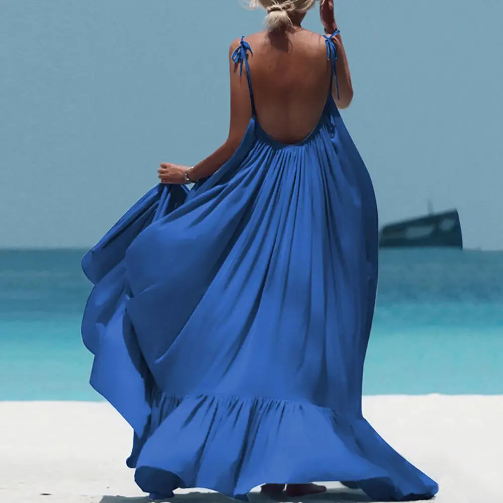 Женское длинное платье на бретельках Boho богемное пляжное с открытой спиной лето