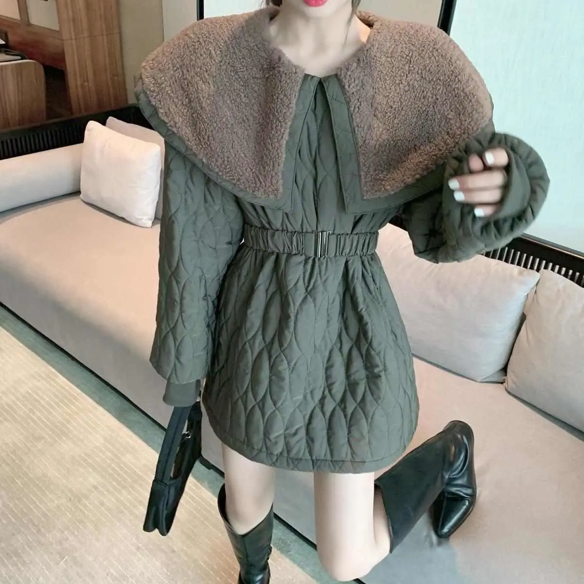 

Women Parkas Patchwork Sashes Designer Retro Lambswool Elegant Trendy Korean Style Warm All-match Overcoat Female Winter Popular