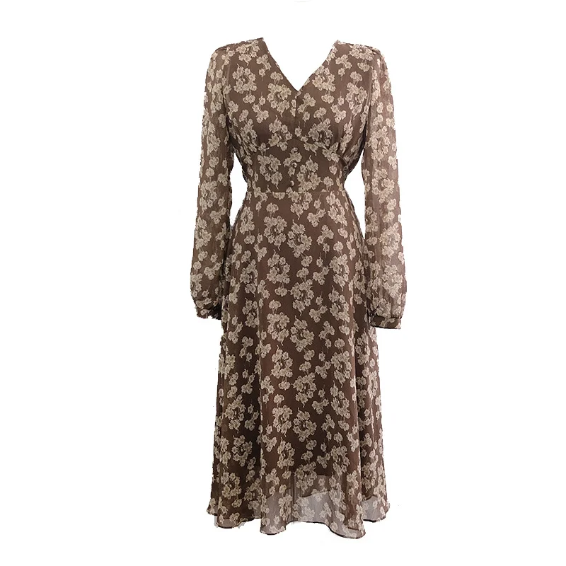 

French Retro Mid-Length Floral Chiffon Maxi Long Party Summer Elegant Casual Dress Women Autumn Vintage Clothes Lady Dresses