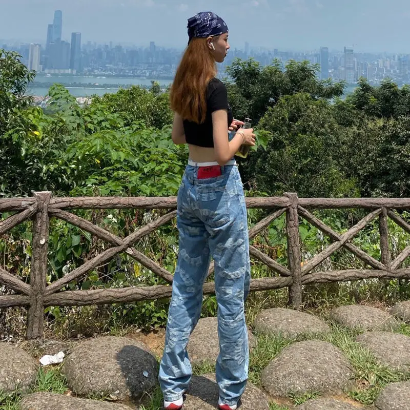 

Graphic Jeans Woman High Waist Wide Pants Light Pattern Wide Leg Jeans Denim Trousers Streetwear Straight Plus Size y2k Jeans