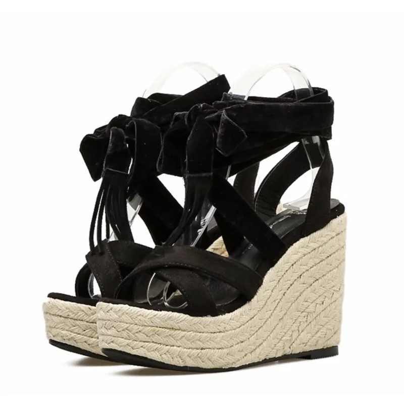 

2021 Summer New Slope Heel Women's Sandals Fashion Casual Lace-up Cross-tied High Heels Thick Bottom Women Sandals Size 35-40