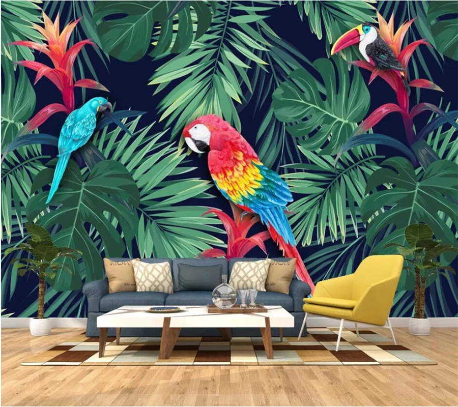 Обои на заказ 3d фото фрески скандинавский тропический растение попугай фон для