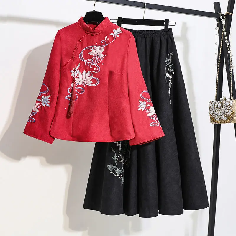 

Two-piece Set Spring New Tang Suits Embroidery Long Sleeve Chinese Style Improved Version Thin Hanfu Women Tops + Skirt Set