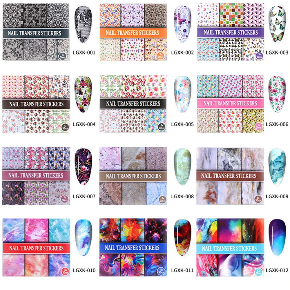 

30 Pcs/pack Colorful Laser Starry Sky Nail Foil Transfer Sticker Butterfly/Marble/Flower Design Sticker Nail Art Decoration