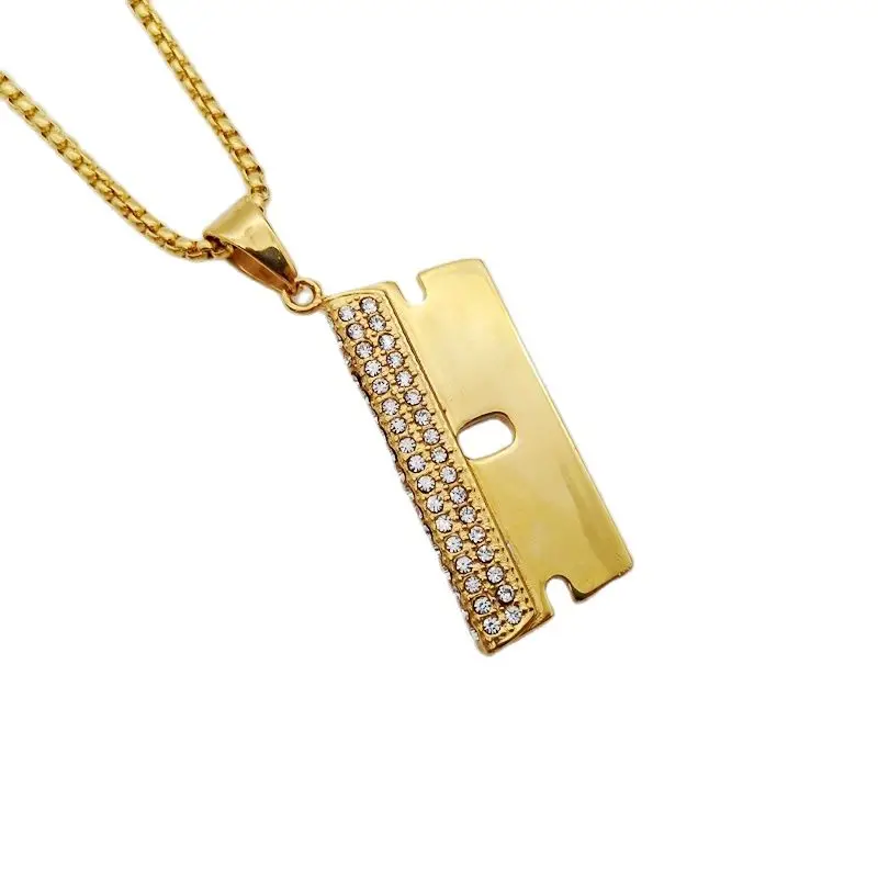 

New AAA rhinestones barber shaver blade pendant necklace Gold color stainless steel barber fashion necklace mens cool jewelry