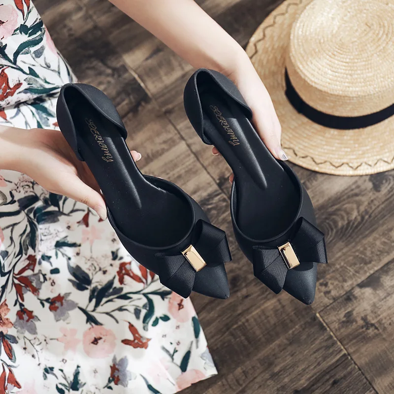 

Jelly Shoes Summer Pointed Toe Sandals for Women Thick Heel Bow Shoes Summer 2021 New Lady Black Waterproof Sandals Pvc Shoes
