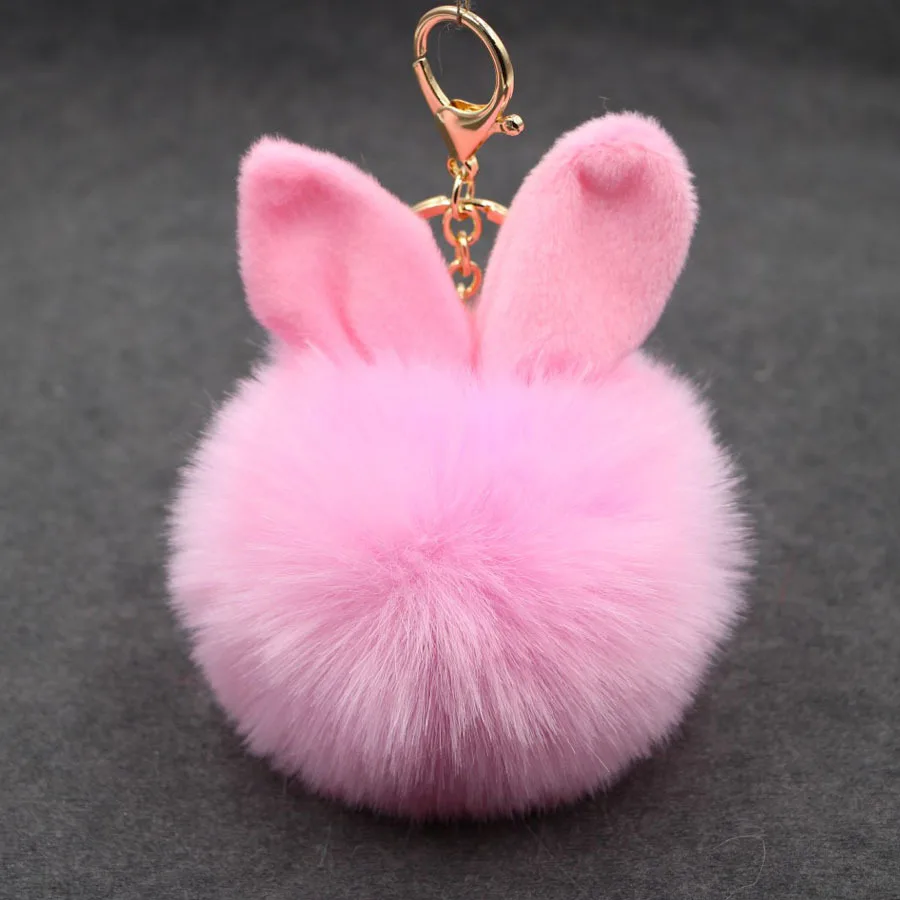 

High Quality Fluffy Faux Rabbit Ear Fur Ball Key Chain Holder Pompom Artificial Rabbit Fur Keychain Women Car HandBag Keyring