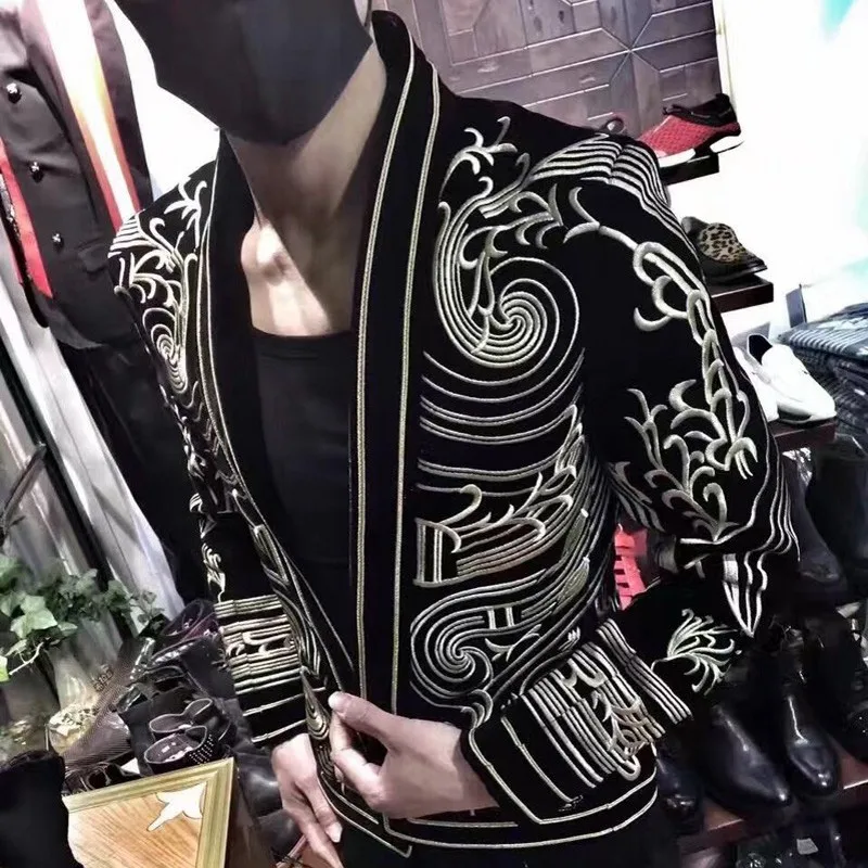 Brand Autumn Men Blazer Designer Embroidery Long Sleeve Suit Jacket Court Style Party Wedding Coat Club Stage Singer Clothes |